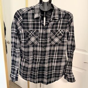 Eddie Bauer Women’s Tall Large Black White Plaid Flannel Button Up Shirt